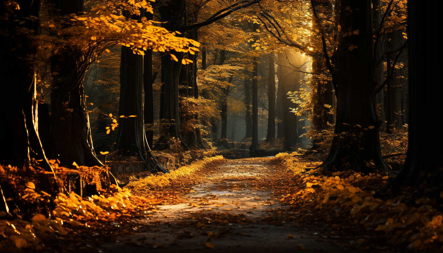 Golden autumn leaves in serene woods