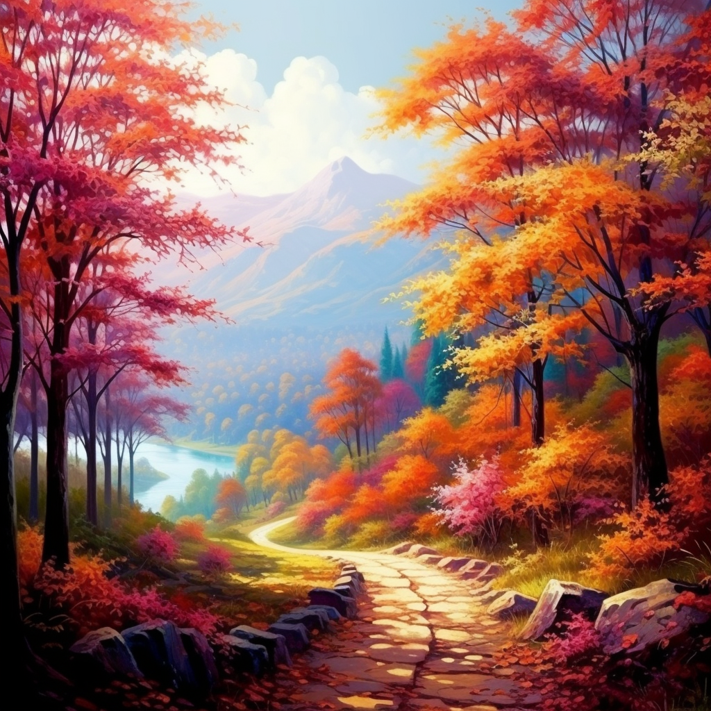 Colorful trees on a path in autumn