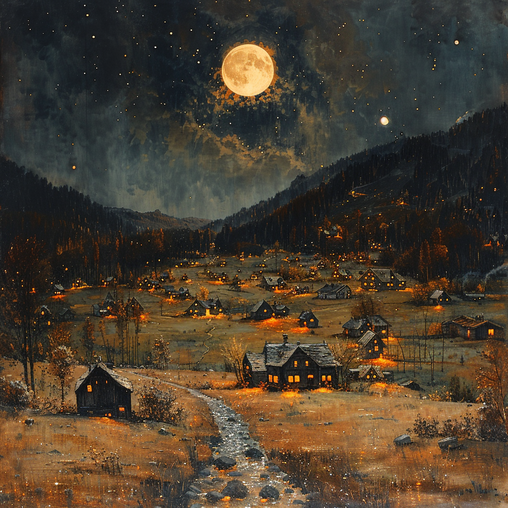 Moonlit small town night scene