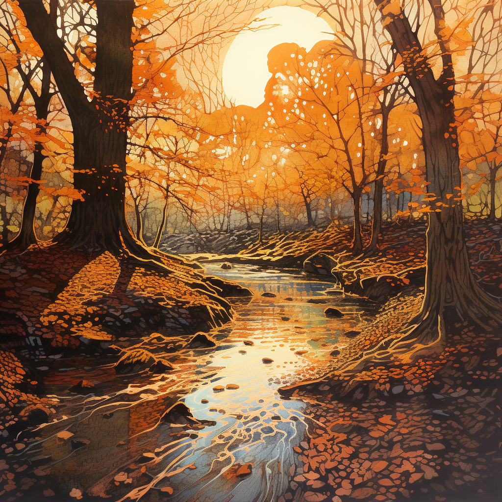 Autumn old tree line with glistening water drops