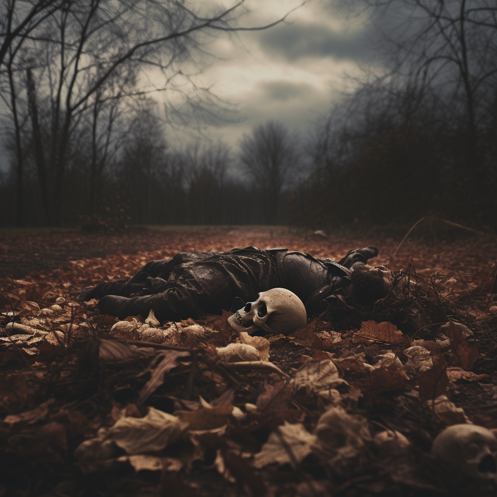 Person lying in autumn park with bone leaf ground