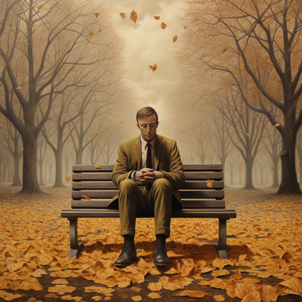 Depressed man sitting in autumn park