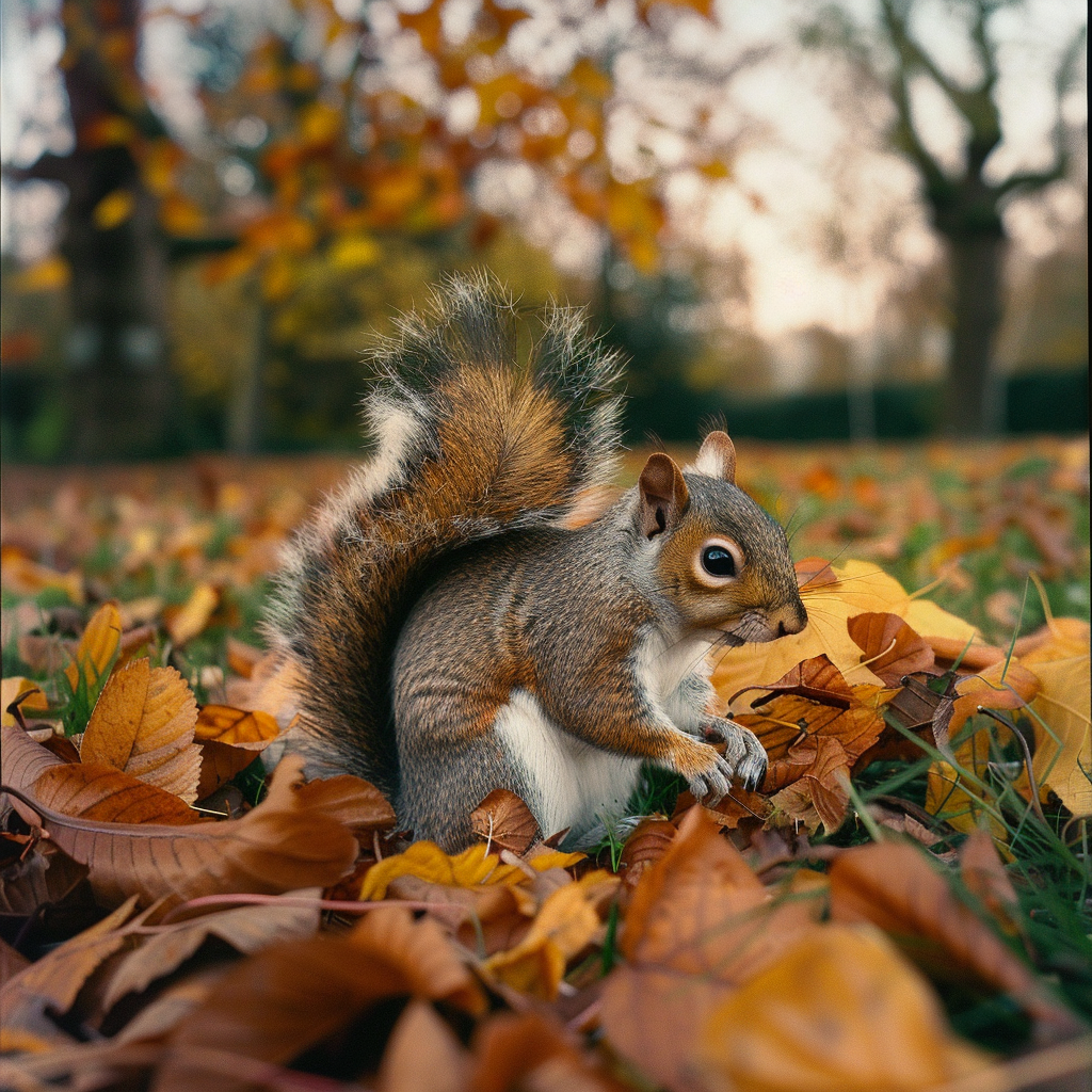 Squirrel collecting leaves for winter