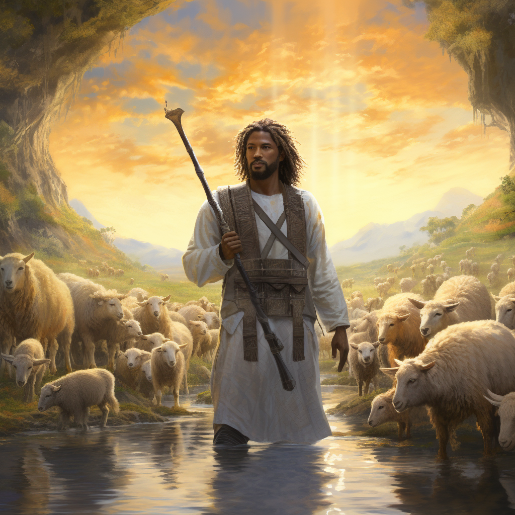 Melanated Jesus leading sheep by an autumn stream