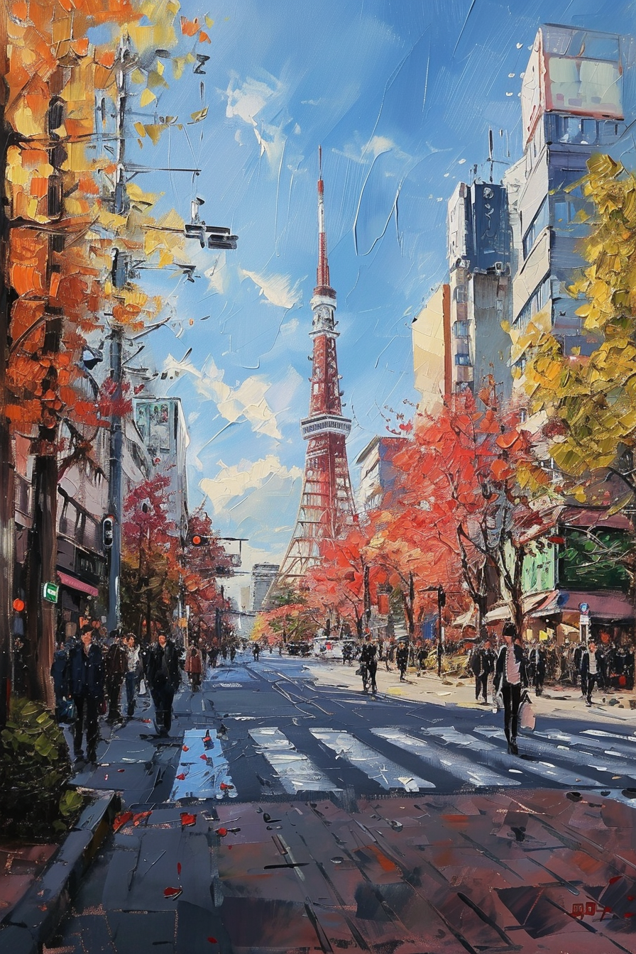 Colorful Tokyo street scene in autumn