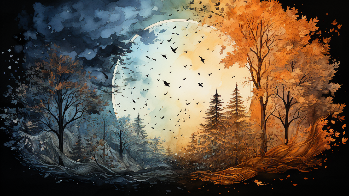 Colorful watercolor illustration of autumnal equinox