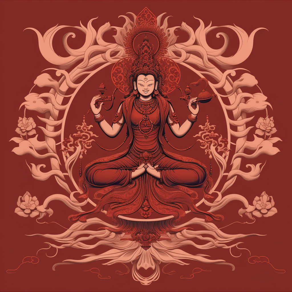 Simplified depiction of Avalokiteshvara Bodhisattva in cinnabar-line style