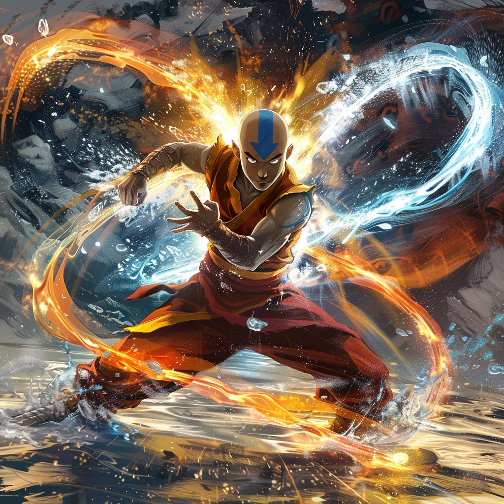 Aang with four elements swirling