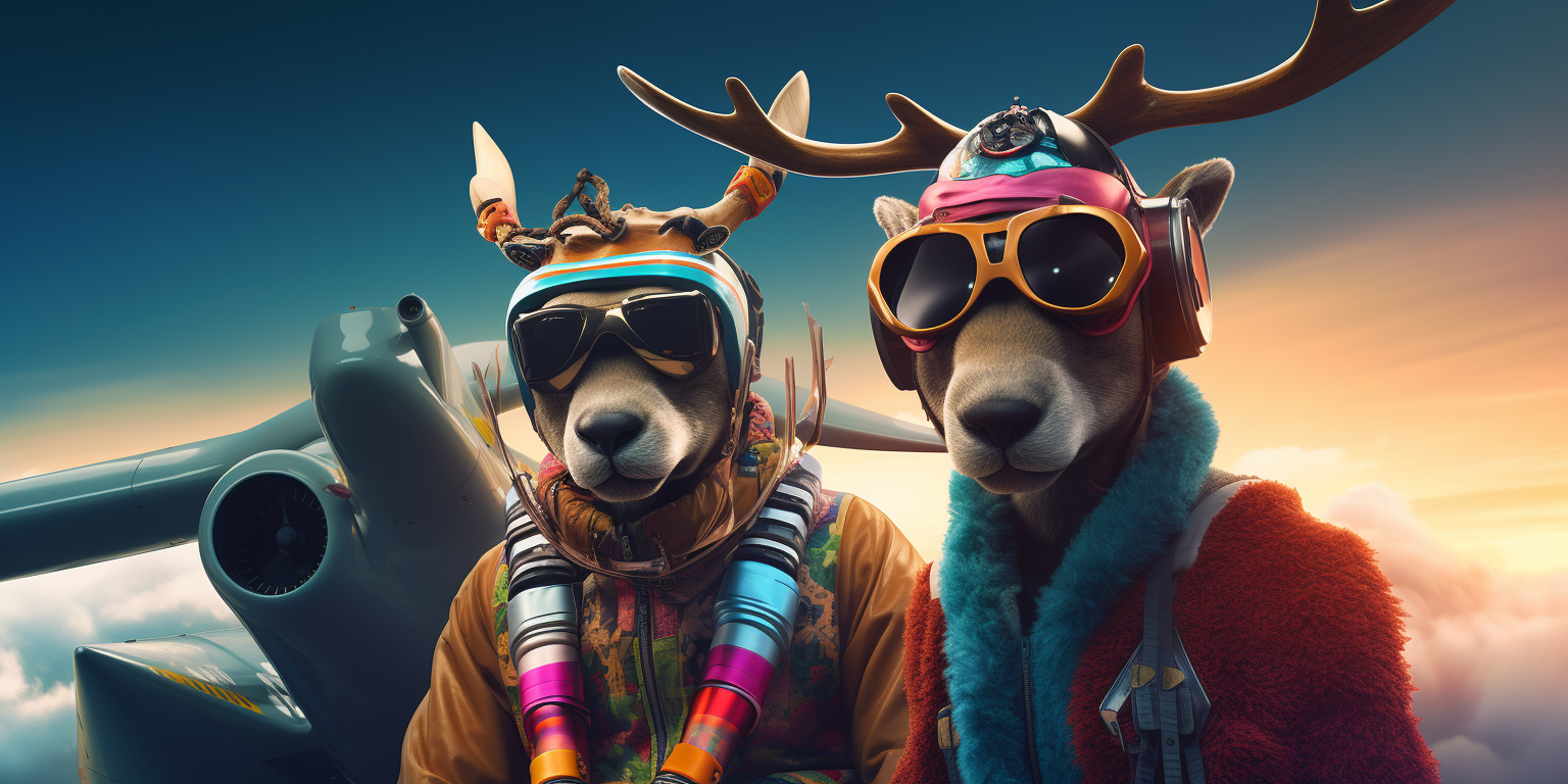 Two reindeers and AI robot wearing colorful winter gear