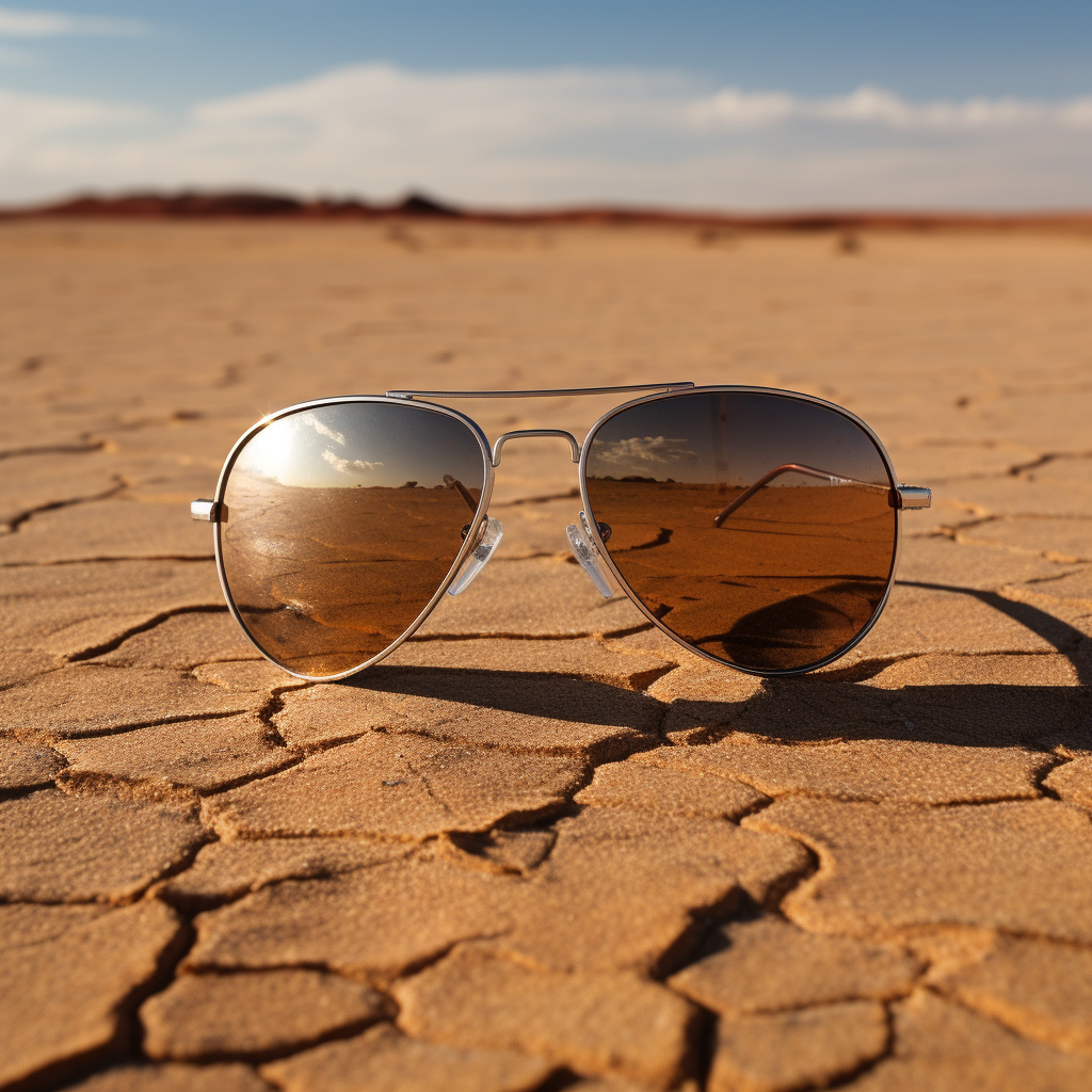 Aviator sunglasses reflection on barren landscape