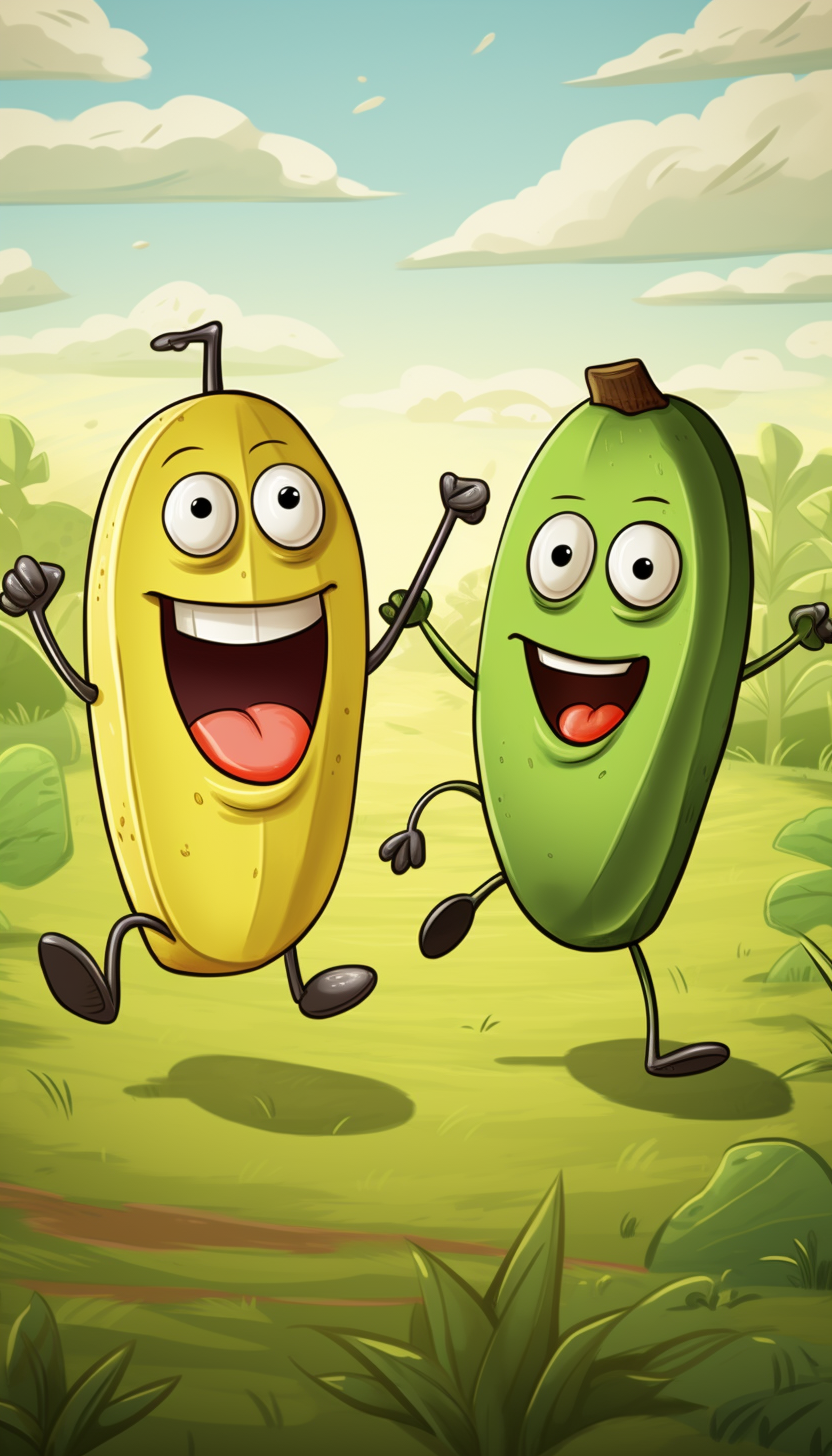 Cartoon image of avocado and banana running in tall grass