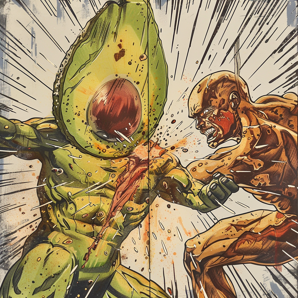 Avocado superhero fighting bacon man