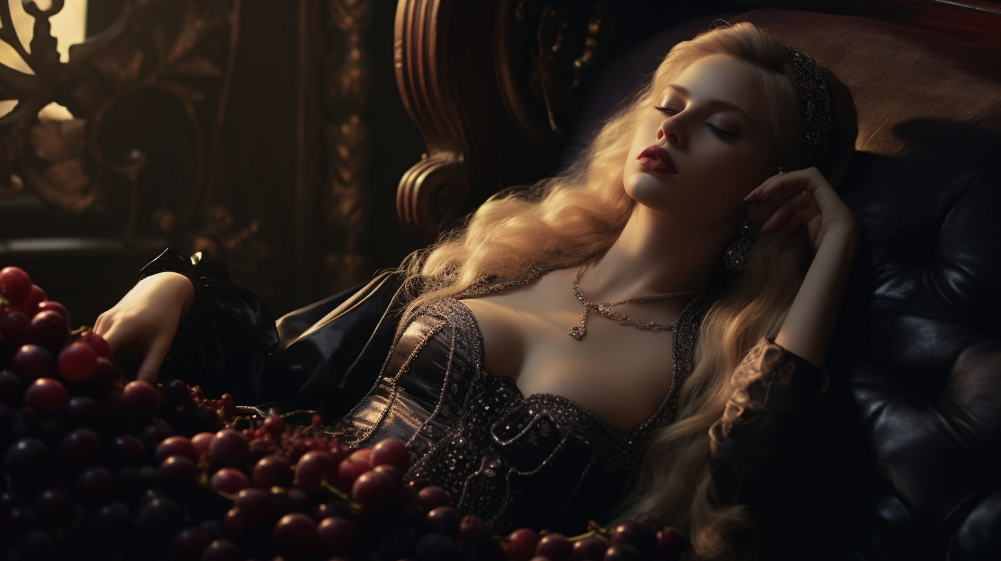 Saucy medieval courtesan enjoying grapes and cherries