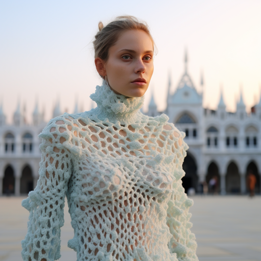 Asian model wearing conceptual crochet turtleneck in Venice