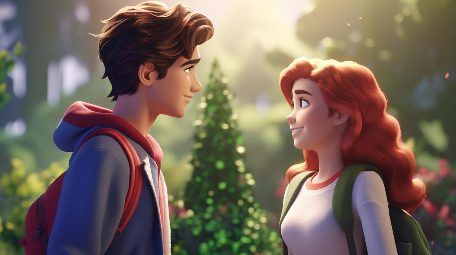 Awkward teenagers admiring each other in 3D Disney animation