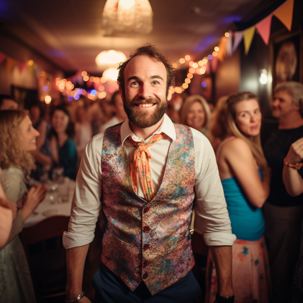 Man in Vest in Awkward Birthday Party Moment