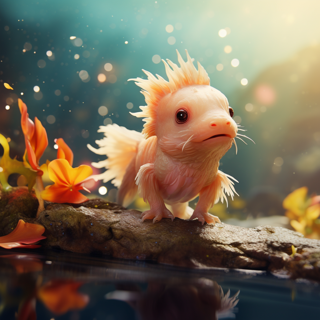 Axolotl mixed with goldfish side view