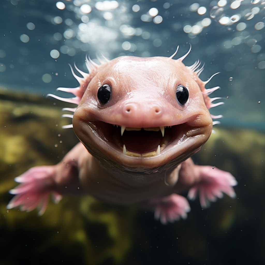 Axolotl smiling with fish eye lens