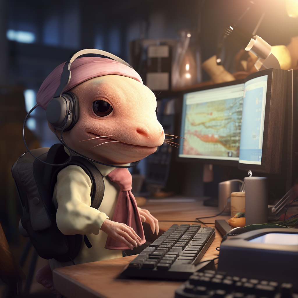 Axolotl IT support technician with headset and computer