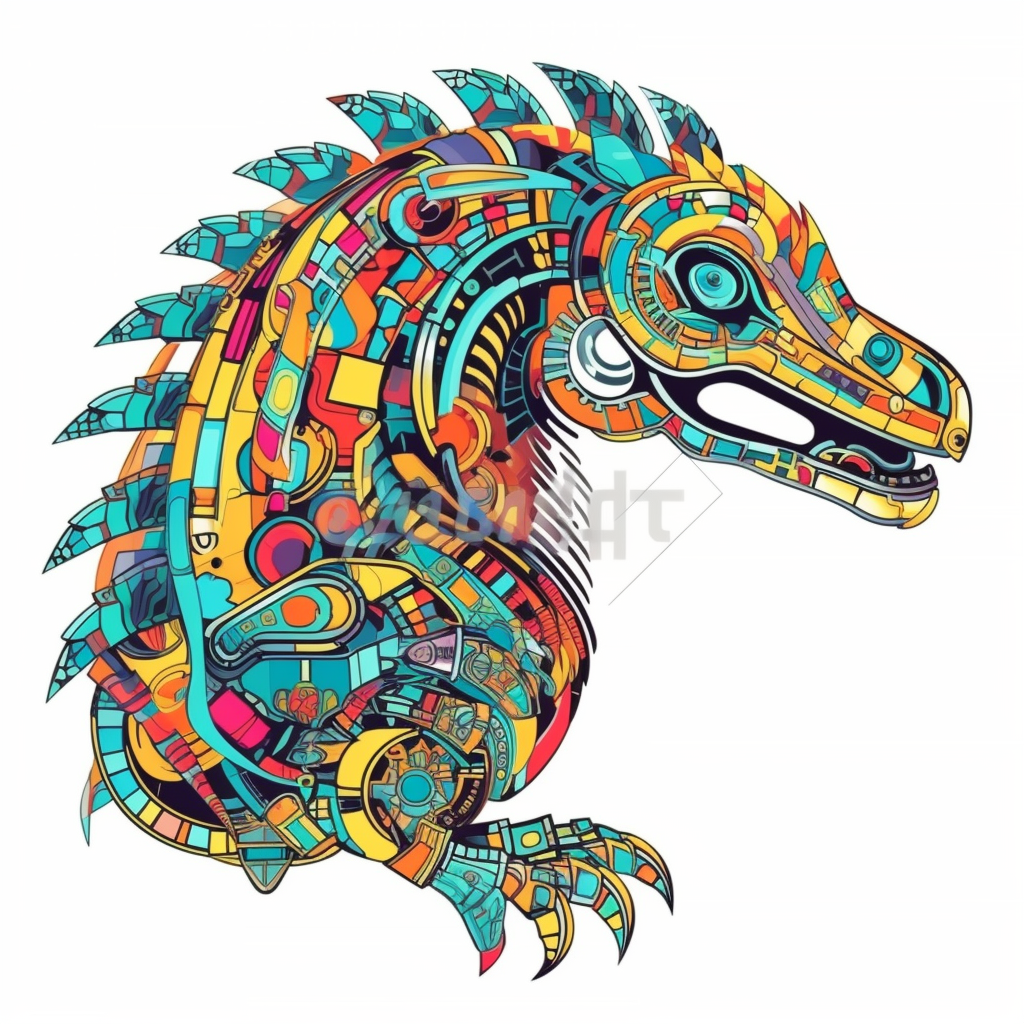 Colorful Aztec Dragon Technopunk Cartoon