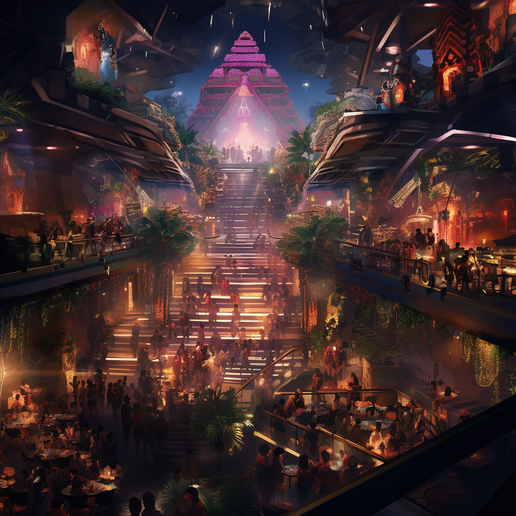 Aztec Civilization Discotheque with Colorful Lights