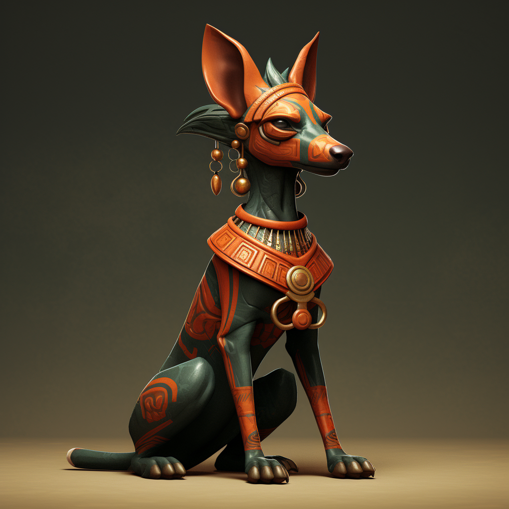 Orange-clad Aztec Goddess with Xoloitzcuintle