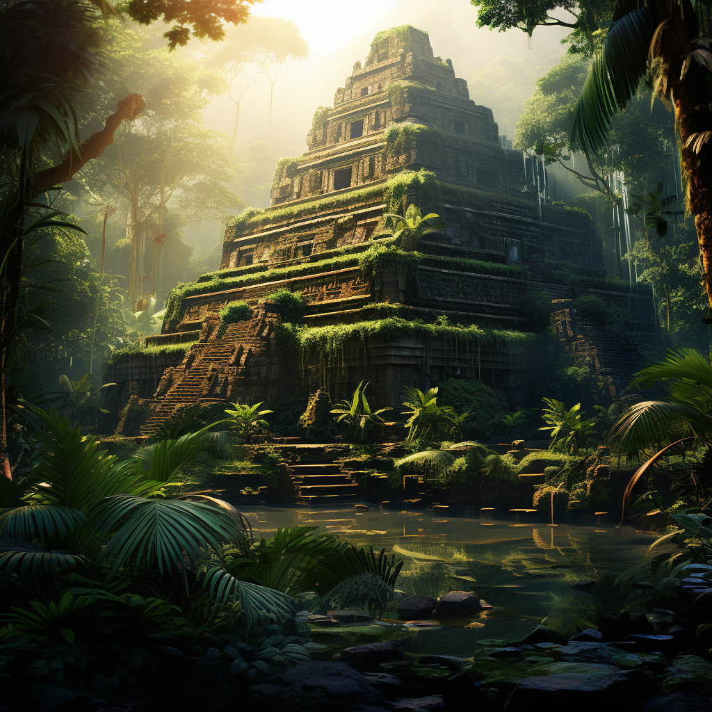 Ancient Aztec temple nestled in lush jungle