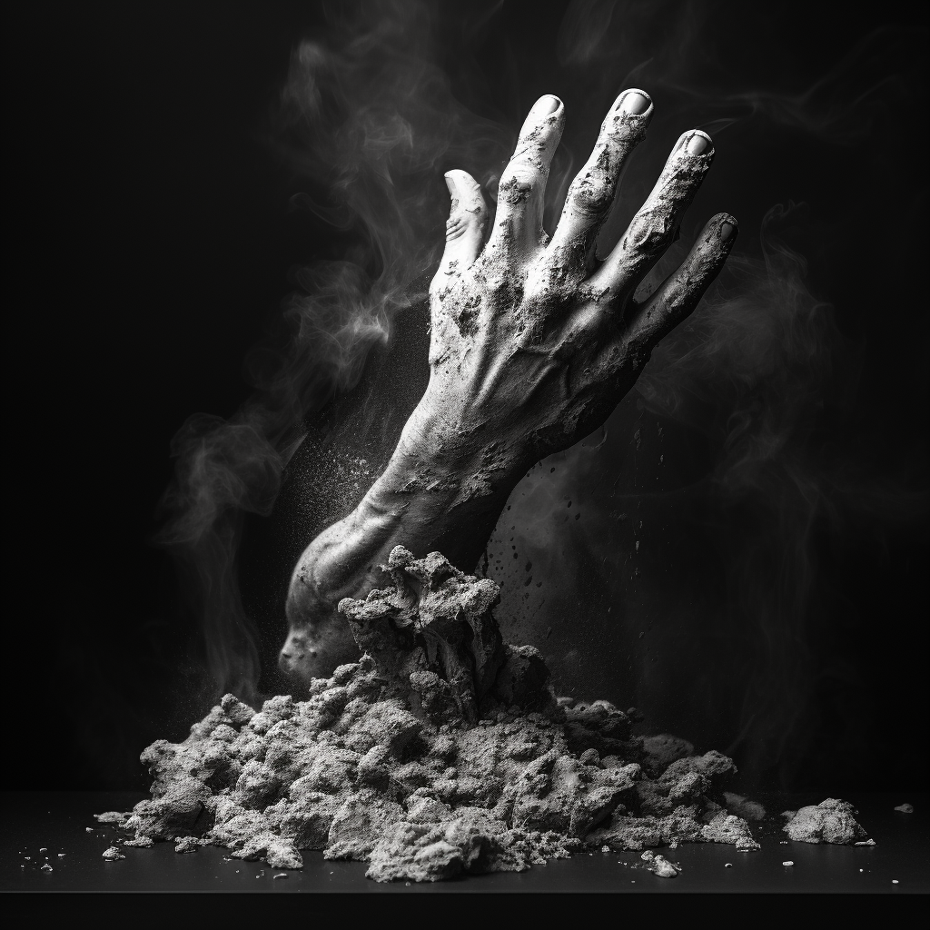 Monochrome sculpture hand with dust