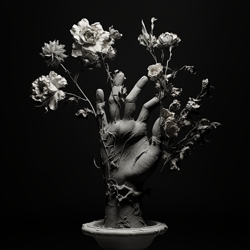 Beautiful sculpture hand holding flowers on black background