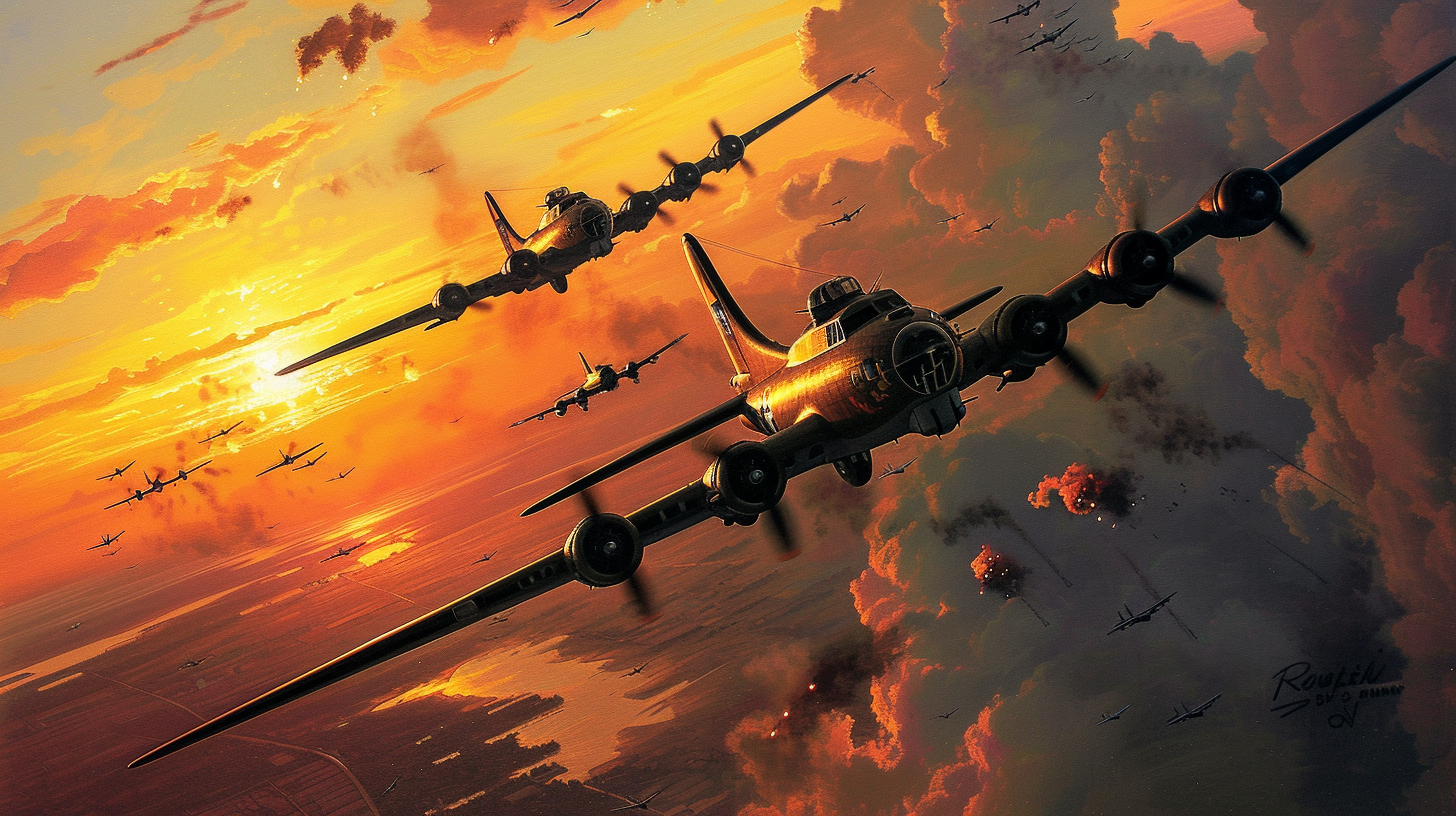 B17 Flying Fortress Bomber Airplanes Formation Dresden Germany Sunset