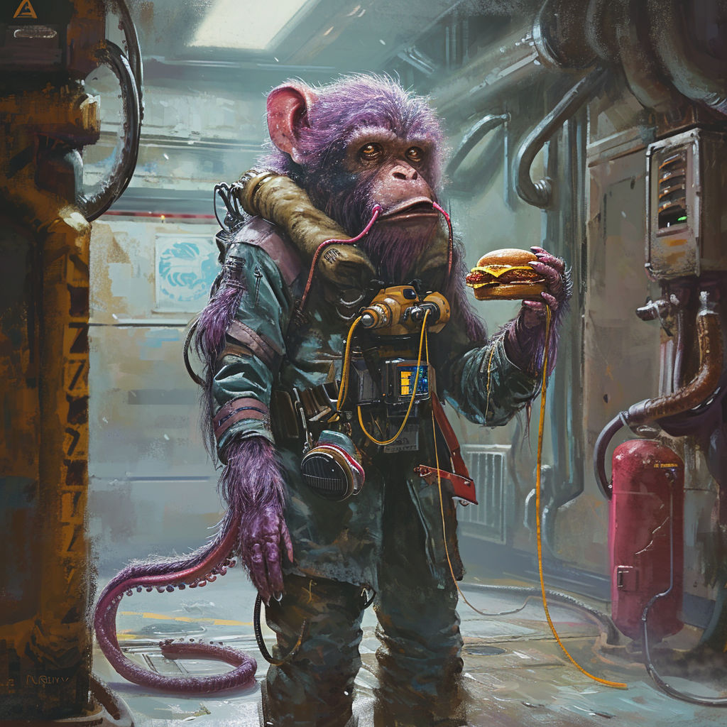 Baboon creature with lavender fur eating a cheeseburger