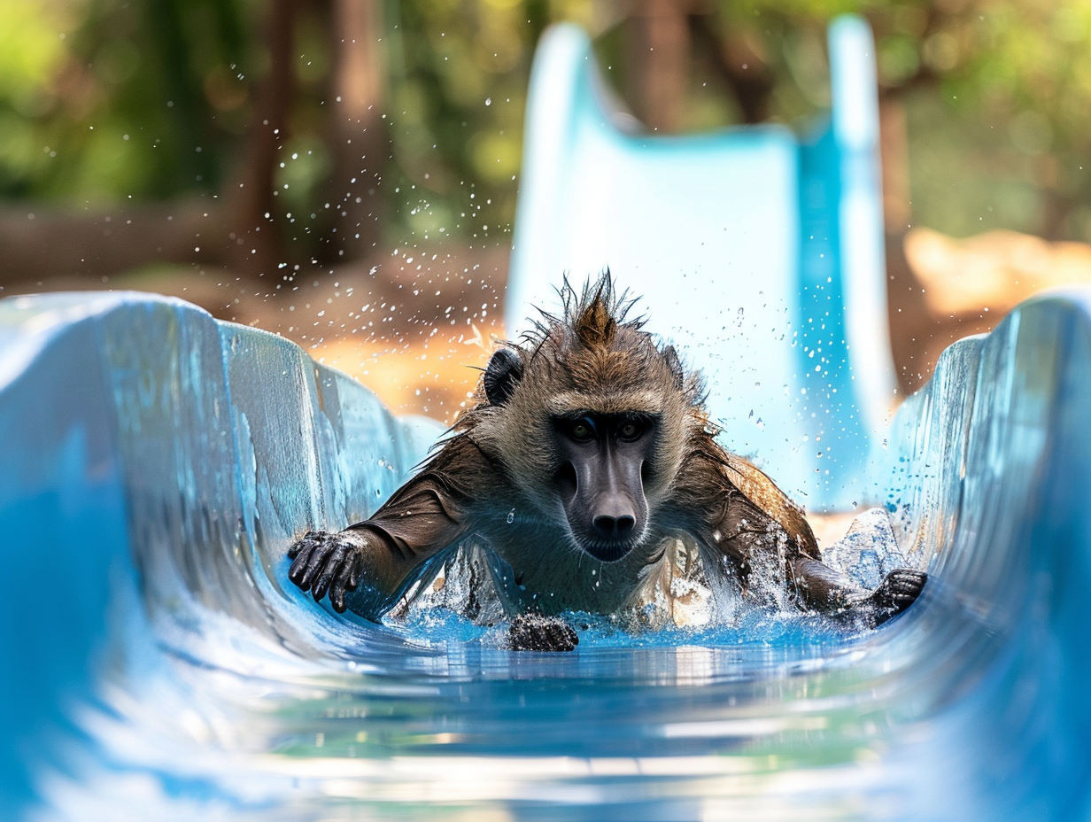 playful baboon water slide