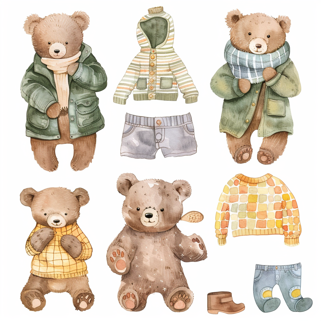 Baby bear dressing clipart set