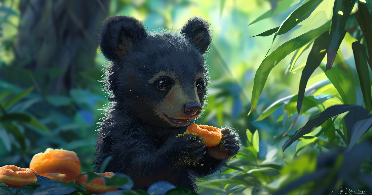 Happy baby bear enjoying donut holes