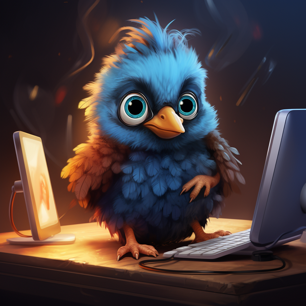 Cute baby bird playing computer