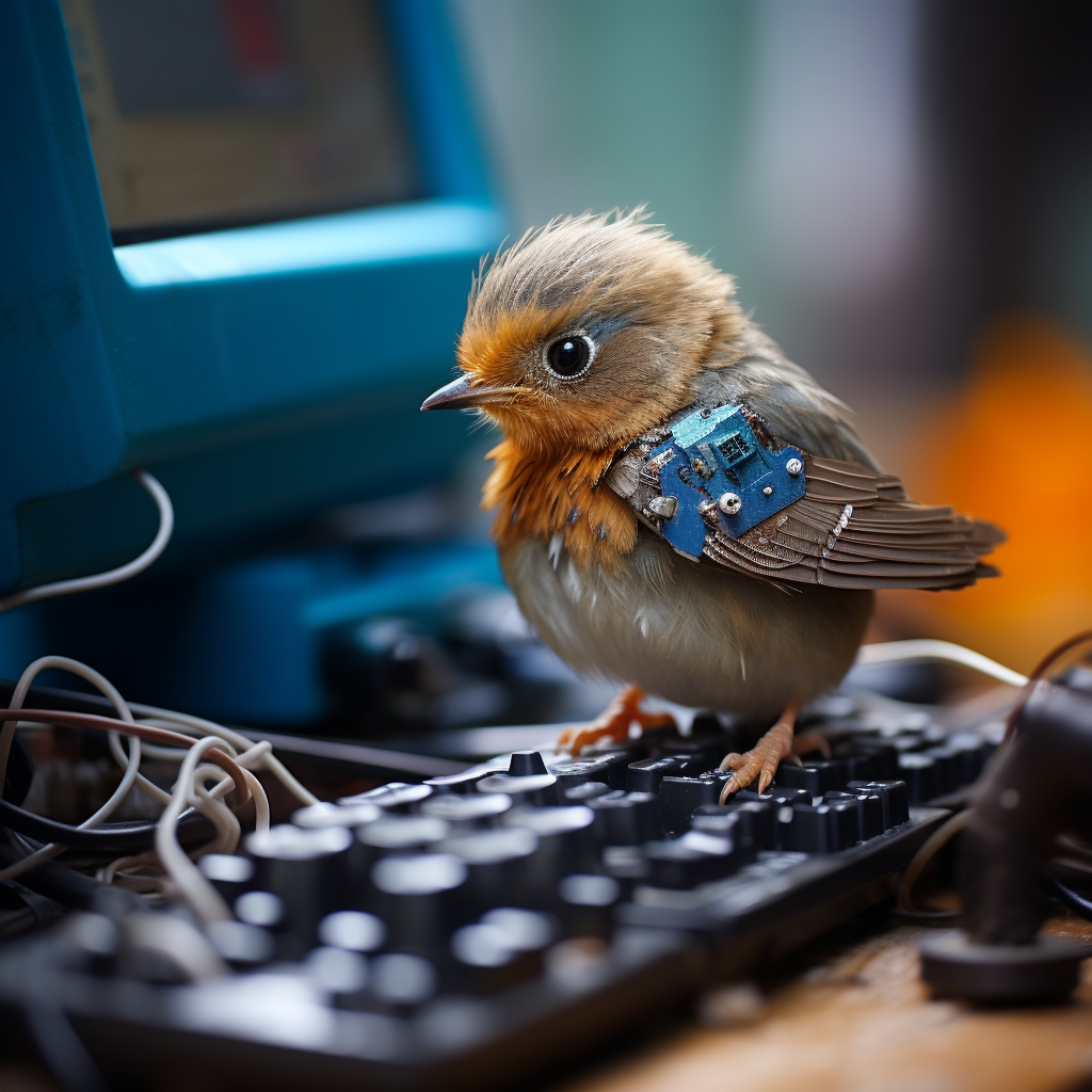 Adorable baby bird playing computer