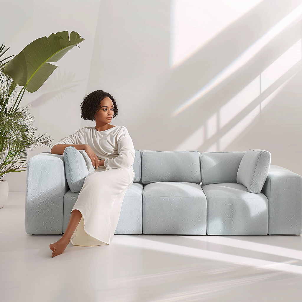 Woman sitting on baby blue sofa