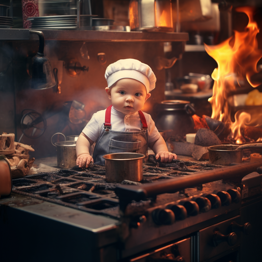 Baby Boy Cooking in Restaurant Kitchen