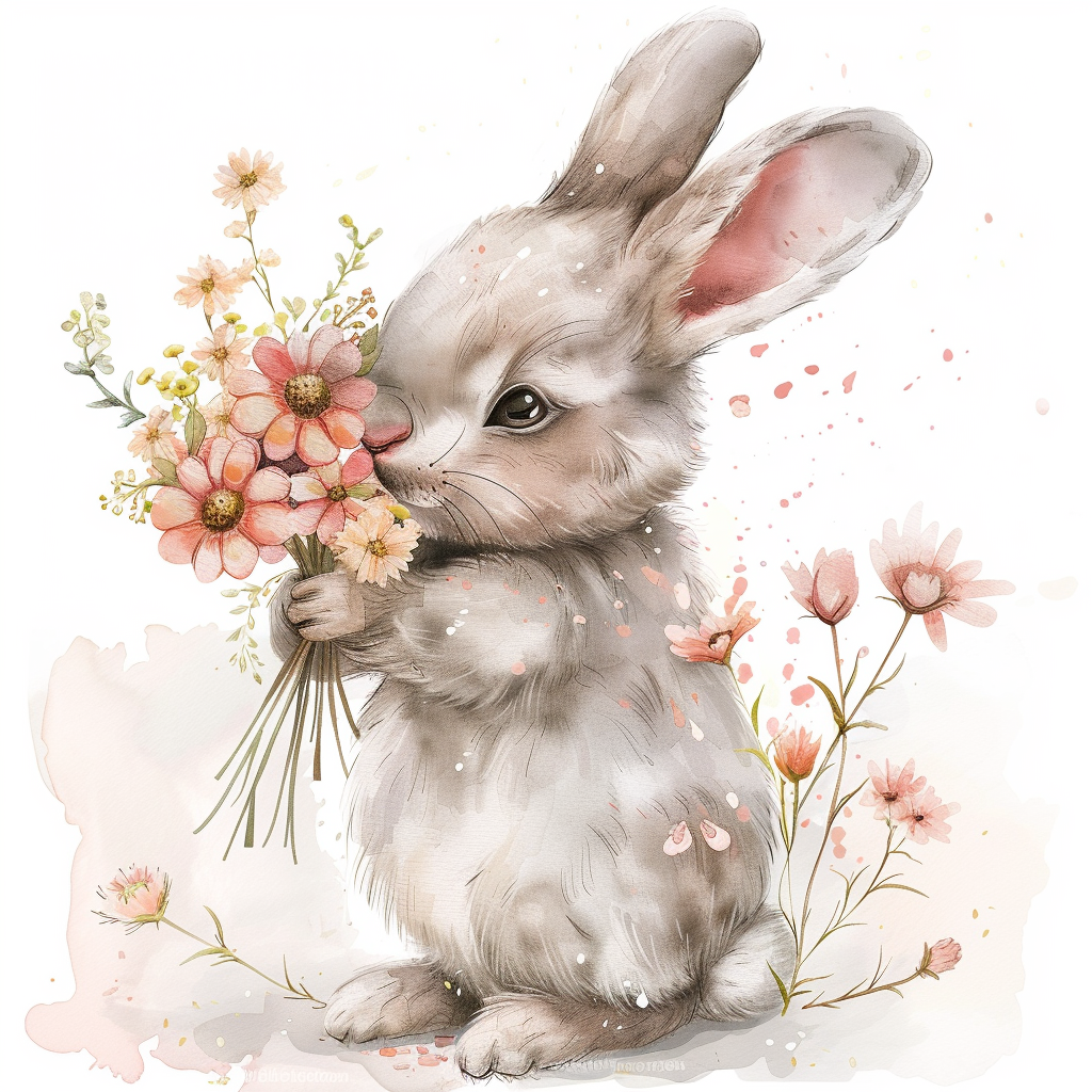 Cute baby bunny holding flowers