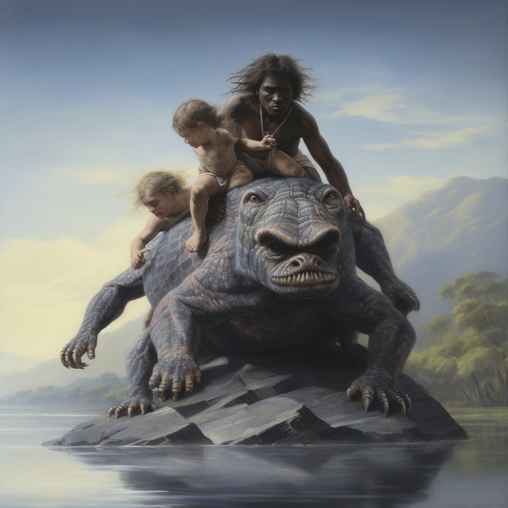 Baby Bunyip carried by Aboriginal boys near water