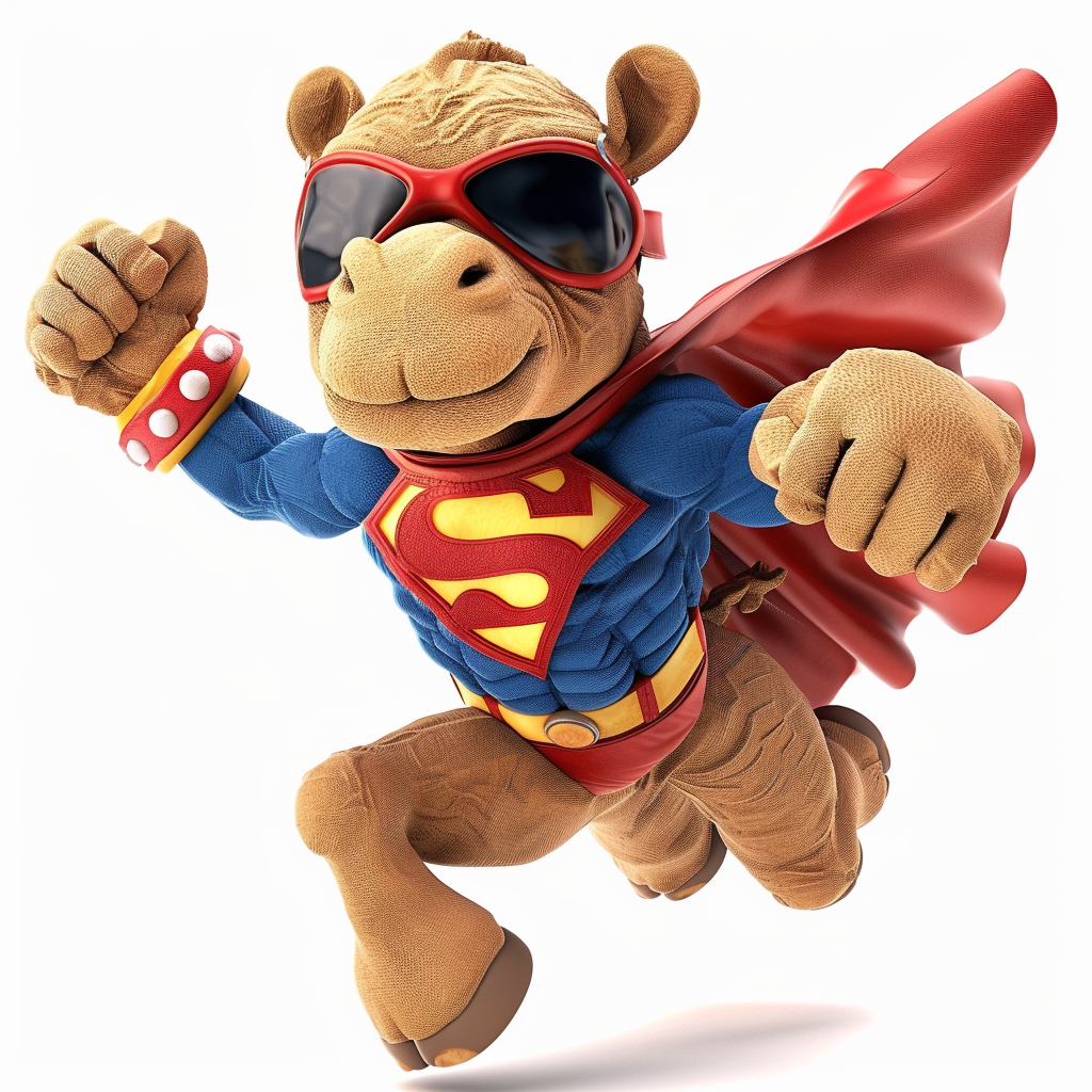 Cartoon baby camel superhero flying