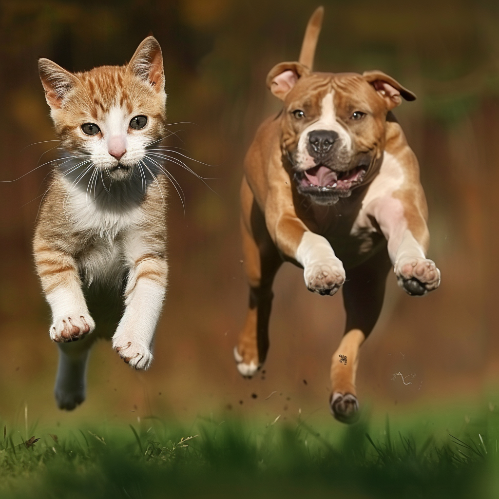 Baby cat chasing pitbull