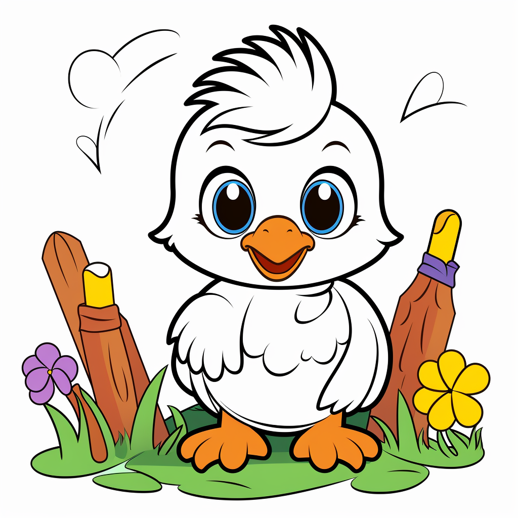 Cute baby chicken eating from coloring book