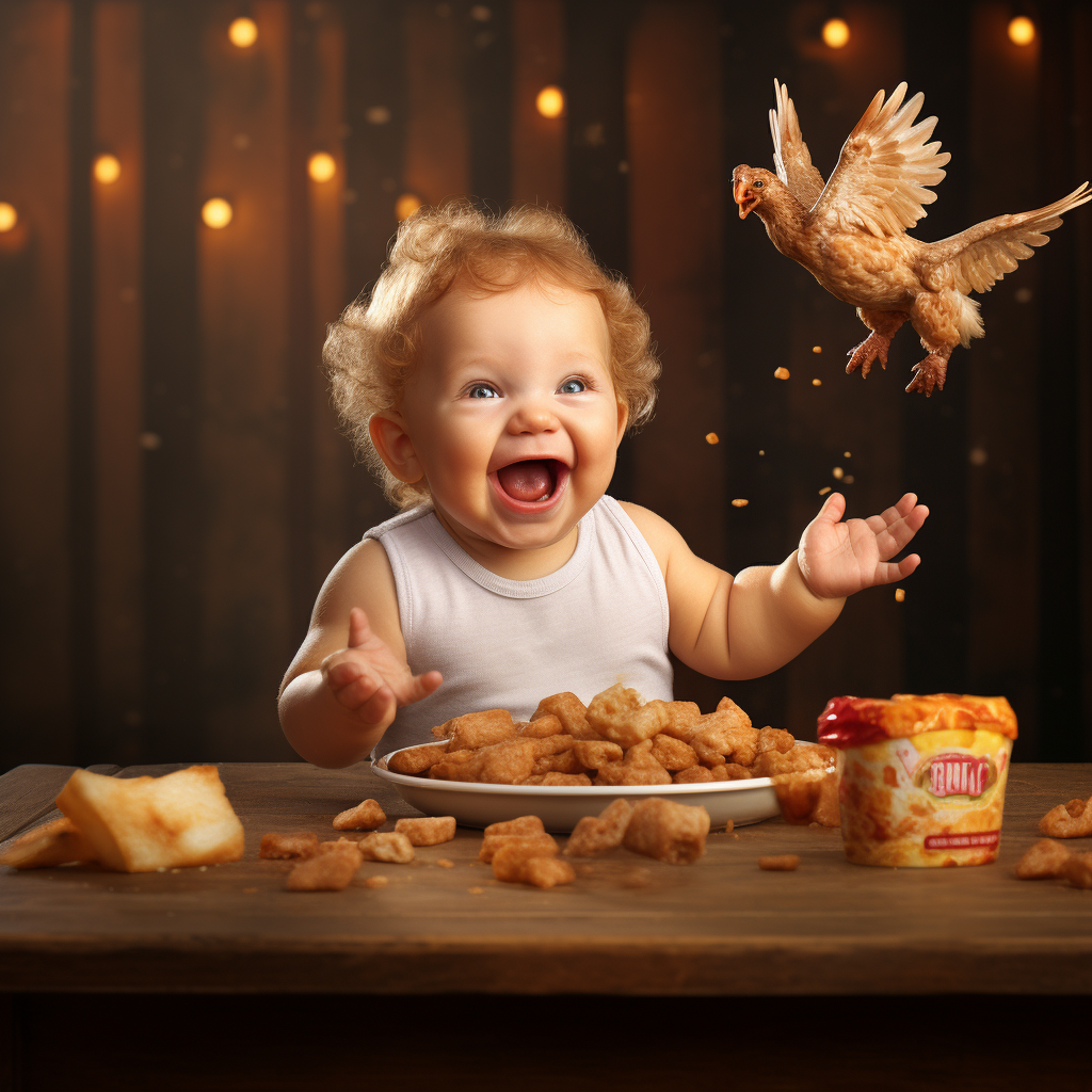 Baby chicken enjoying chicken wings and nuggets