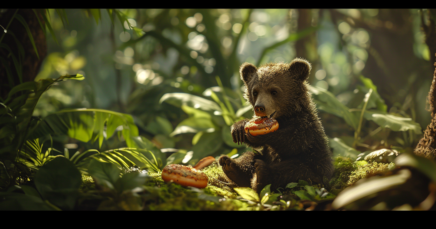 Baby bear enjoying malassada donuts in Kauai jungle