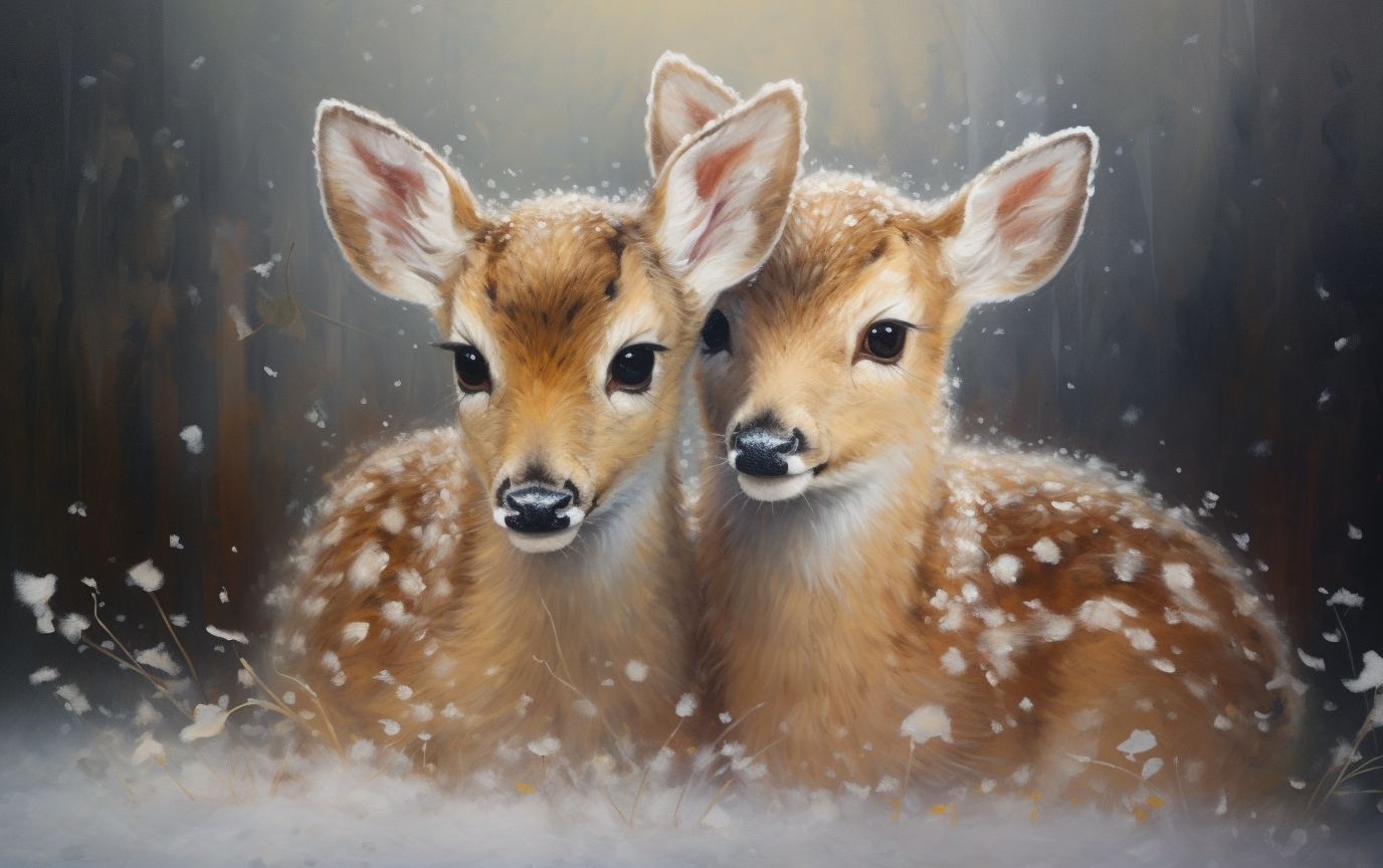 Two Cute Baby Deer in Snowy Christmas Painting