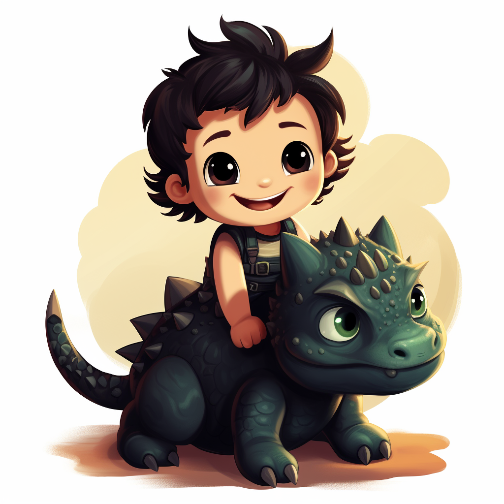 Cute baby dino riding black dino cat