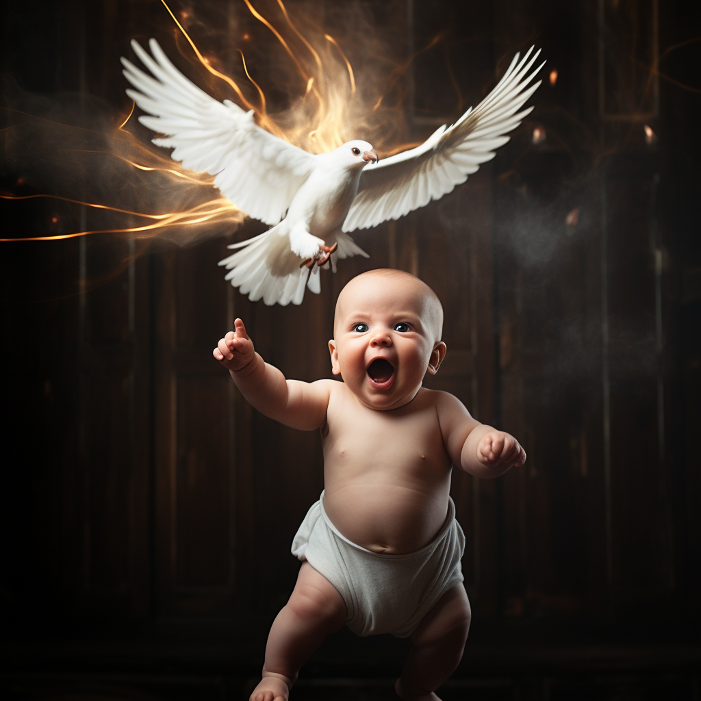 Cute Baby on Dove Throwing Lightning Bolt