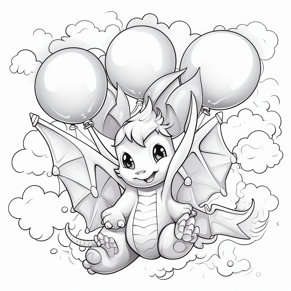 Baby dragon with colorful balloons