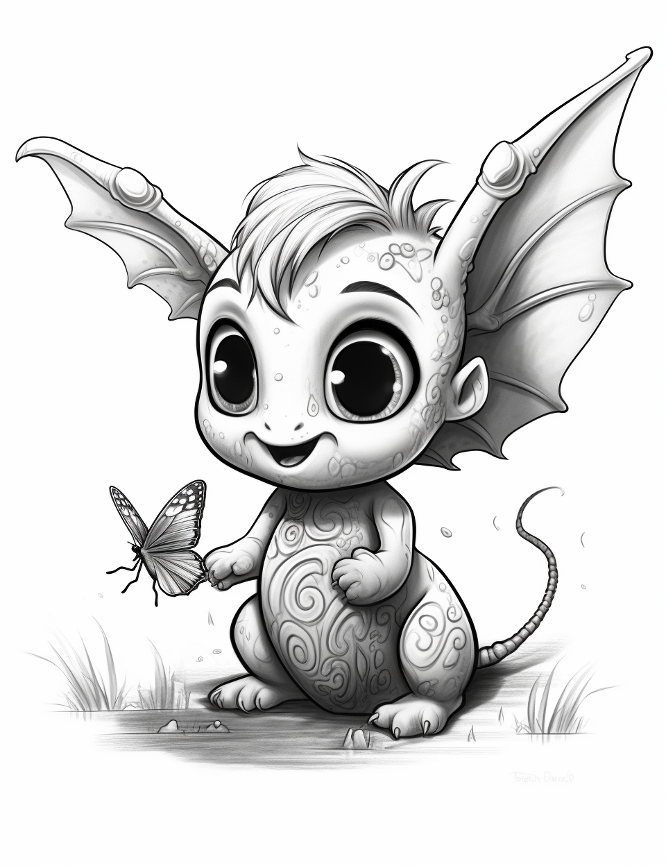 Cute baby dragon playing with butterfly